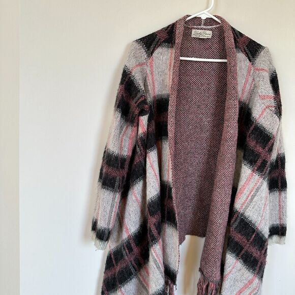 LUCKY BRAND Women MEDIUM Pink Wool Mohair Blend Brush Plaid Open Front Cardigan - Picture 5 of 14